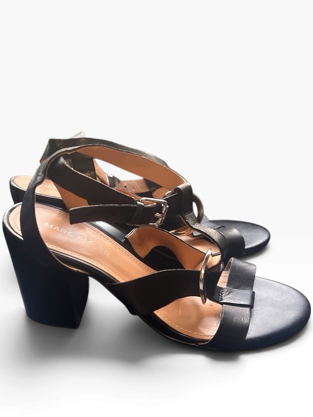 Marc Fisher Black Leather Block Heel Sandals Sz 7.5